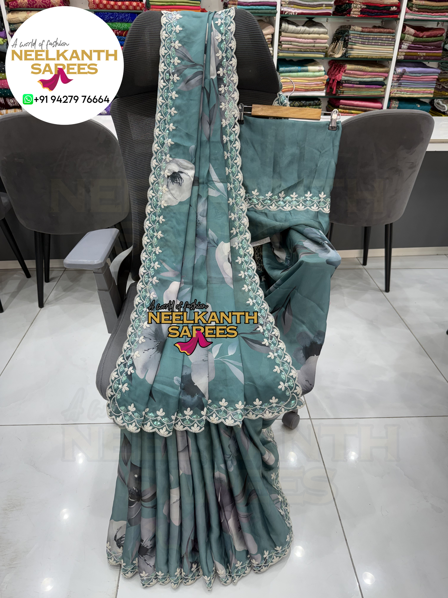 Premium Digital Flower Print Saree with Designer Cutwork Border & Sequins Work