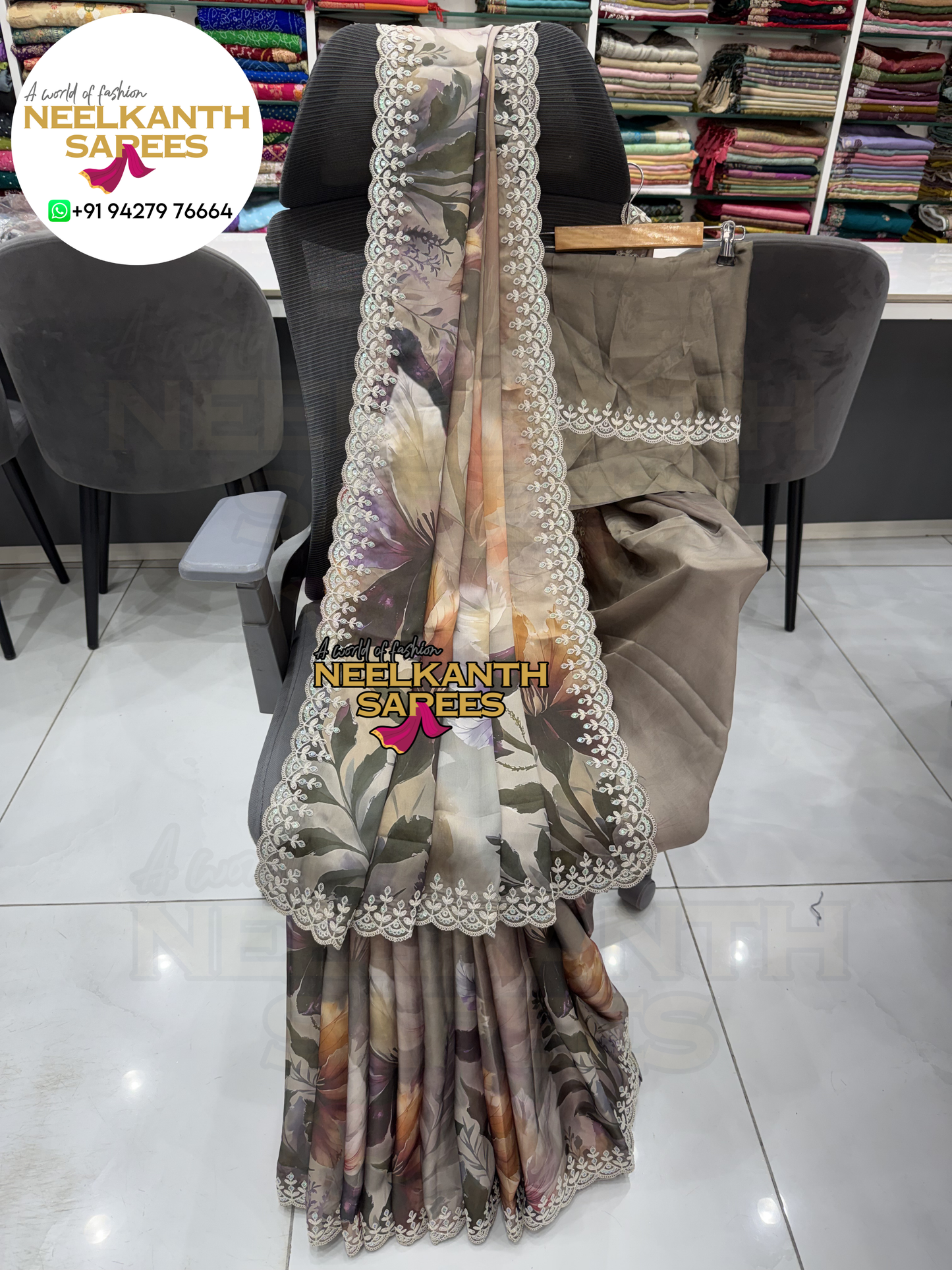 Premium Digital Flower Print Saree with Designer Cutwork Border & Sequins Work