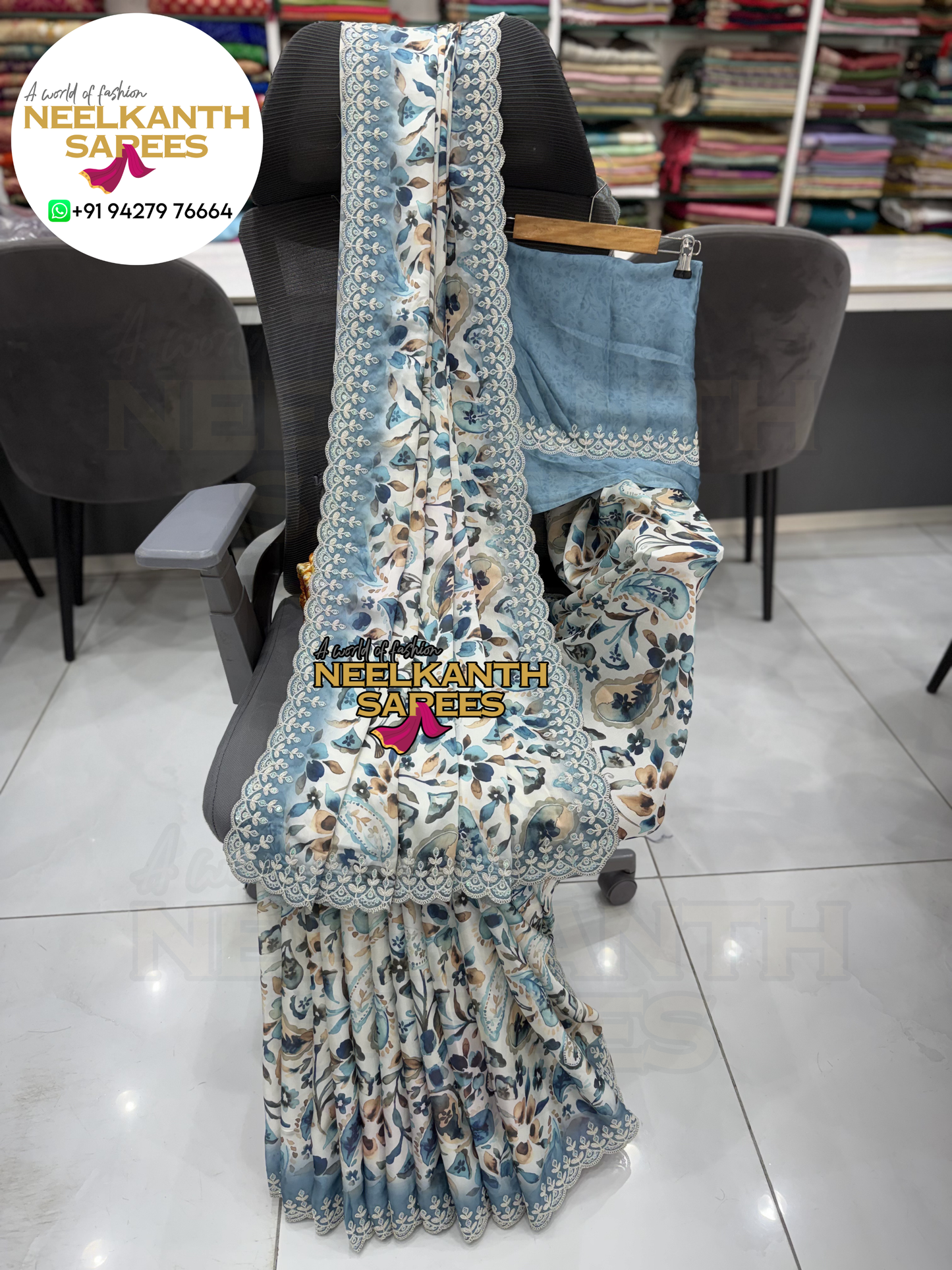 Premium Digital Flower Print Saree with Designer Cutwork Border & Sequins Work