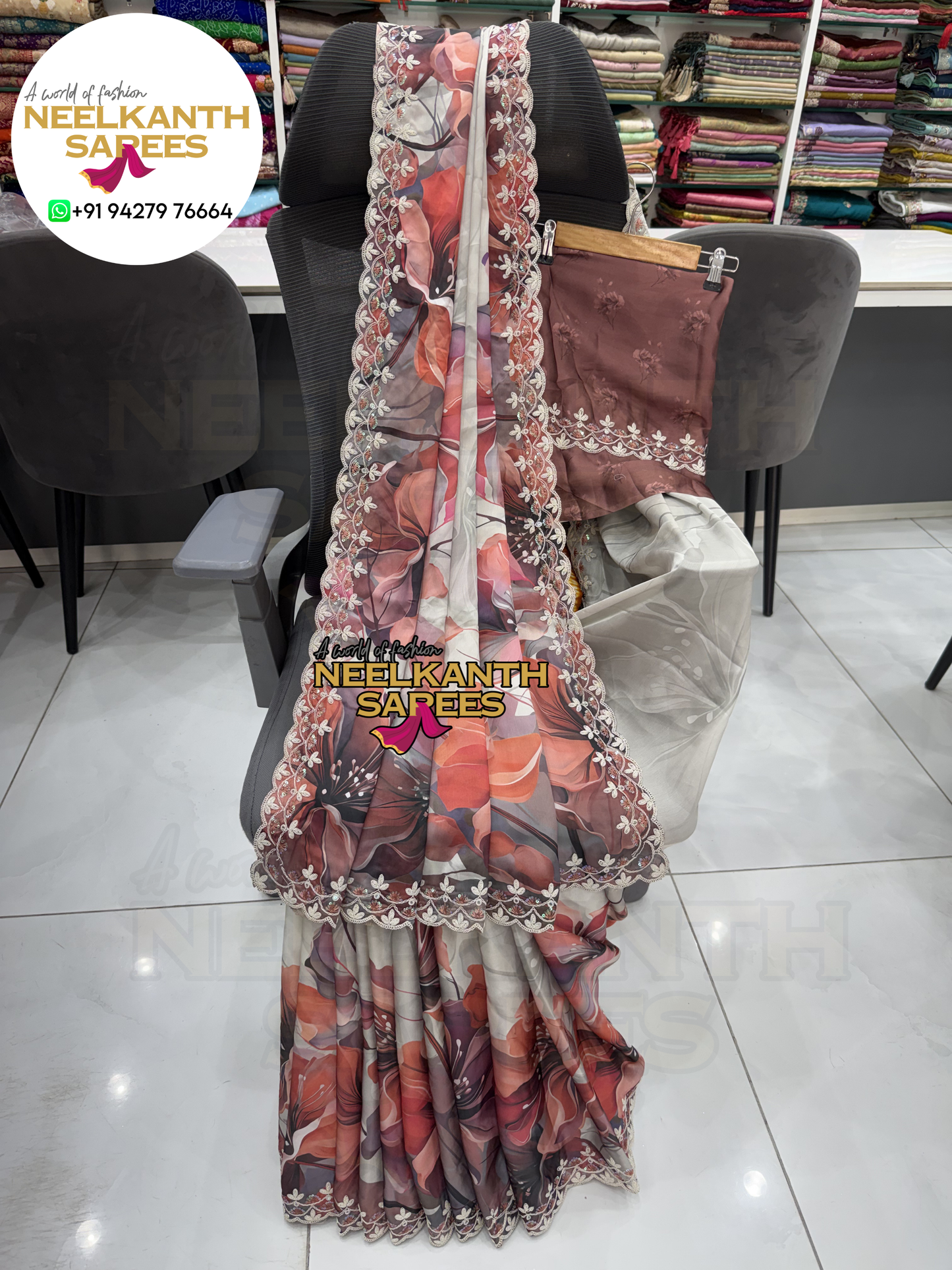Premium Digital Flower Print Saree with Designer Cutwork Border & Sequins Work