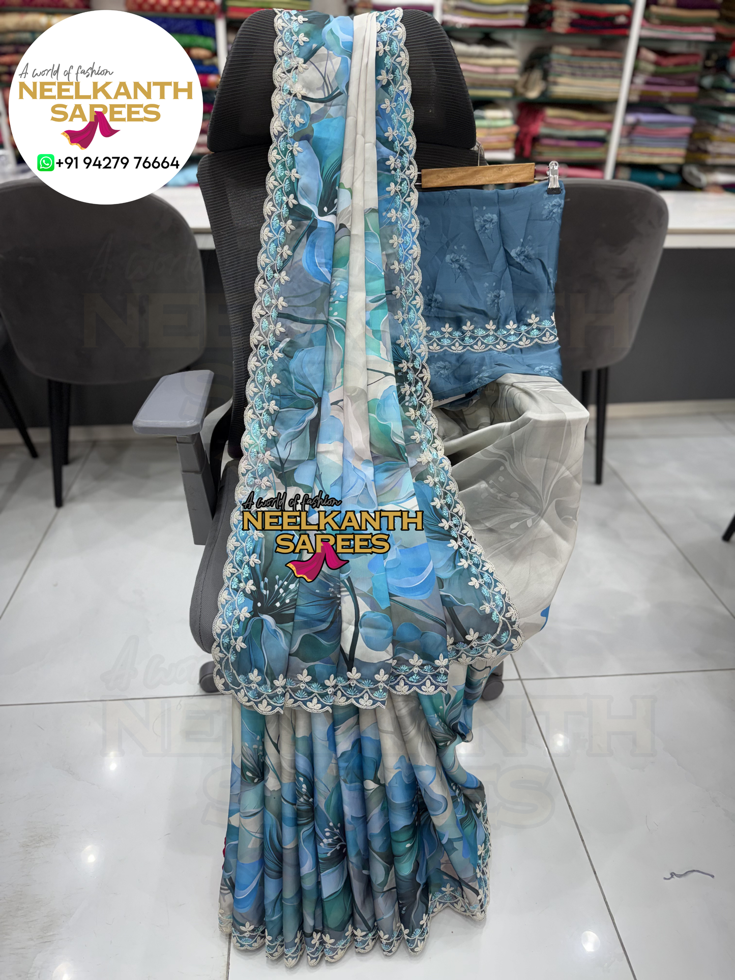 Premium Digital Flower Print Saree with Designer Cutwork Border & Sequins Work