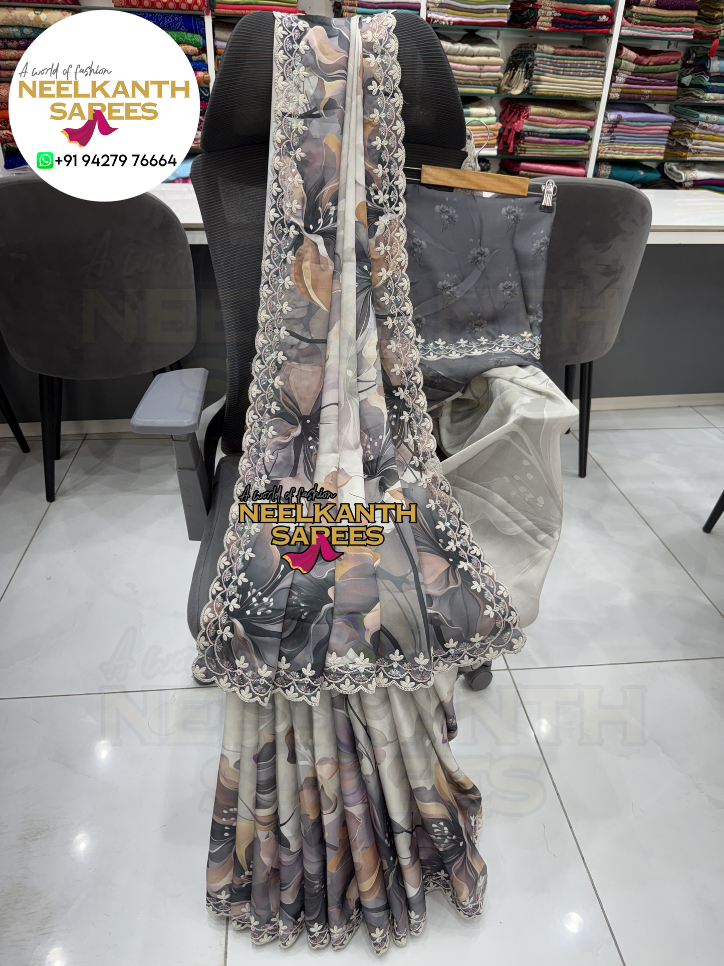 Premium Digital Flower Print Saree with Designer Cutwork Border & Sequins Work
