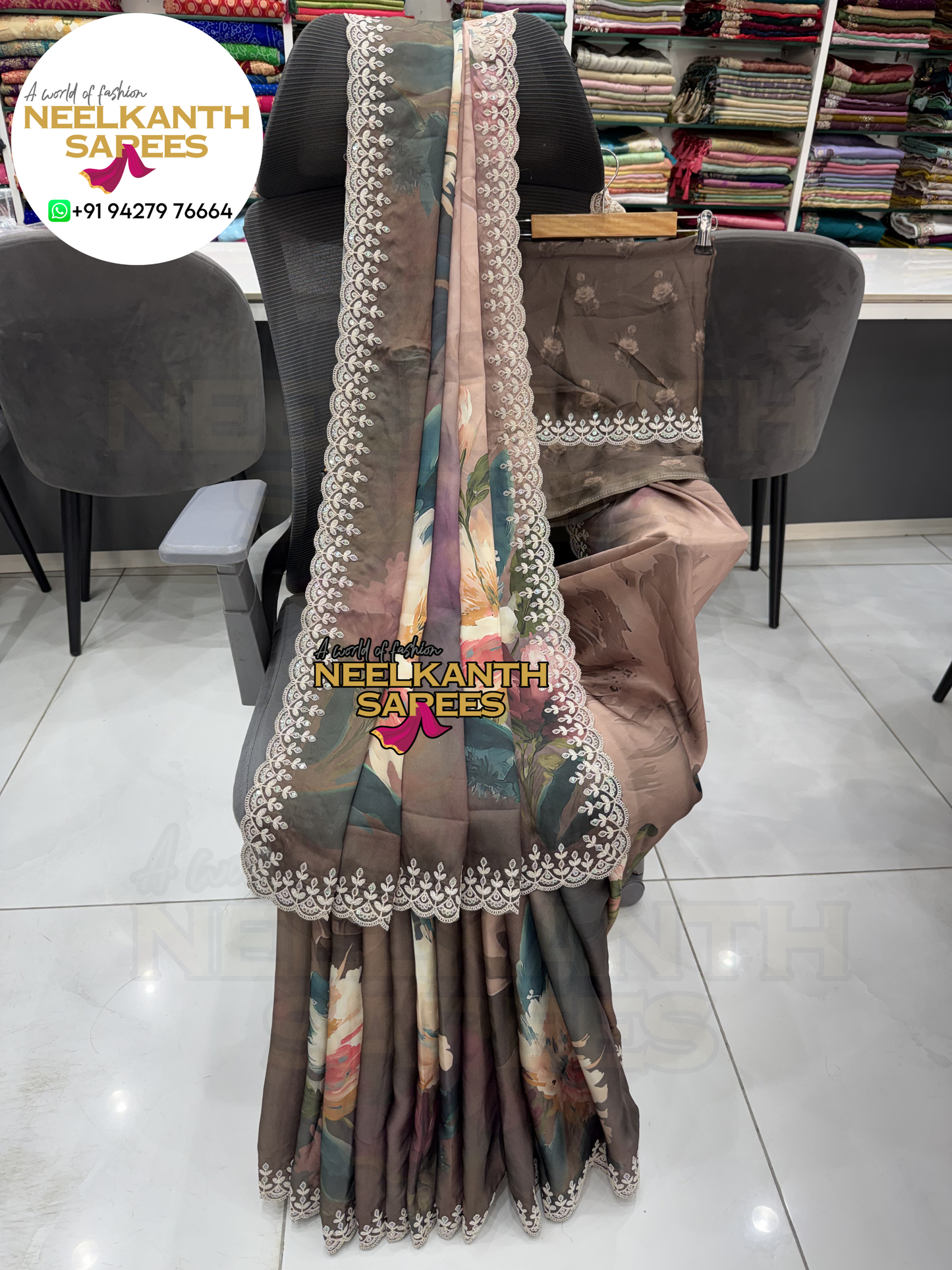 Premium Digital Flower Print Saree with Designer Cutwork Border & Sequins Work