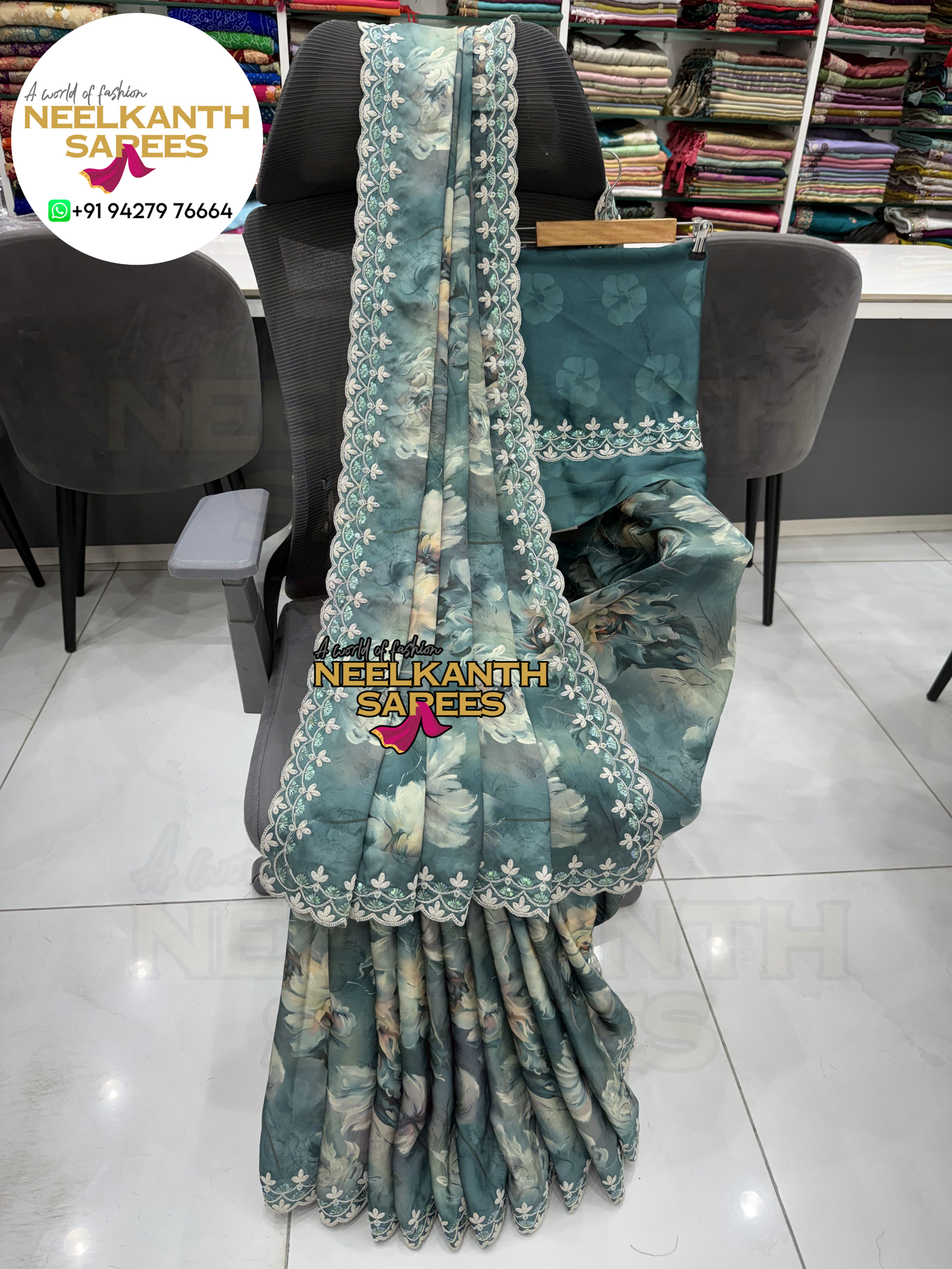 Premium Digital Flower Print Saree with Designer Cutwork Border & Sequins Work